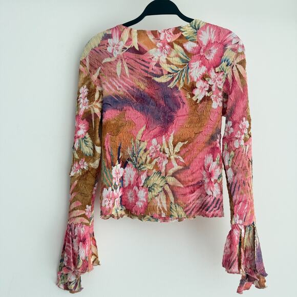 Vintage Y2K Lillie Rubin Top Medium Fairy Floral Rhinestone Crinkle Bell Sleeve - Picture 7 of 11